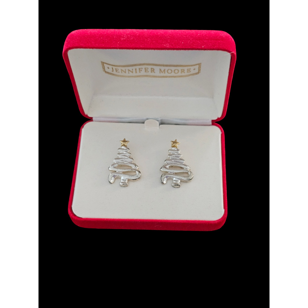 Jennifer Moore Christmas Tree Pierced Holiday Earrings with Box Silver